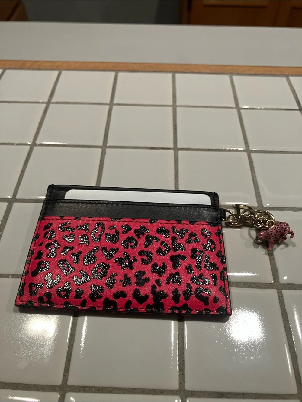 Dior Pink and Black Leopard Card Holder with Gold-Tone Key Charms